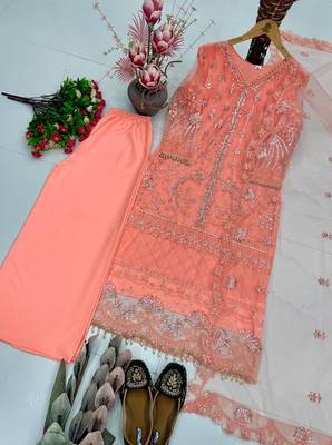 Peach Color Sequins And Hand Work Cotton Salwar Suit 4