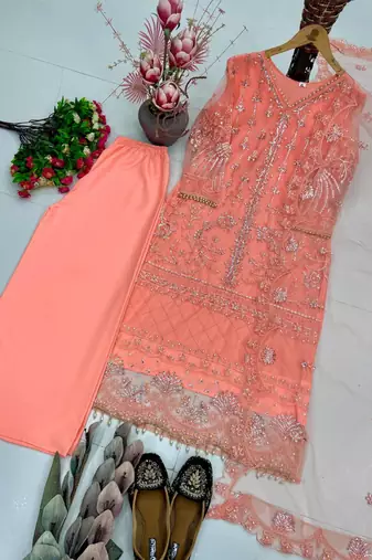 Peach Color Sequins And Hand Work Cotton Salwar Suit