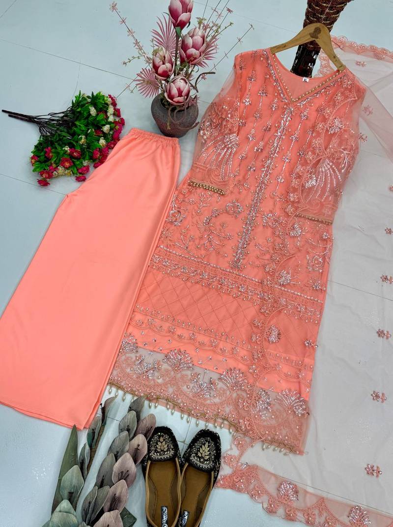 Peach Color Sequins And Hand Work Cotton Salwar Suit