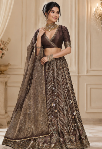 Dark Brown thread sequins dori silk blend lehenga Choli Set 