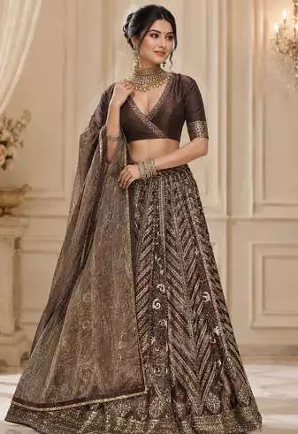 Dark Brown thread sequins dori silk blend lehenga Choli Set 