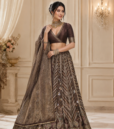 Dark Brown thread sequins dori silk blend lehenga Choli Set 