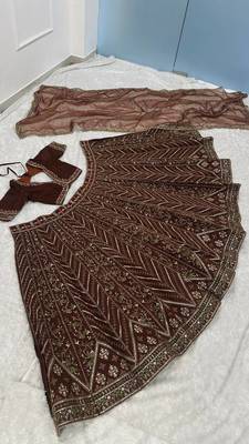 Dark Brown thread sequins dori silk blend lehenga Choli Set  2