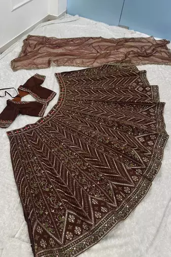 Dark Brown thread sequins dori silk blend lehenga Choli Set 