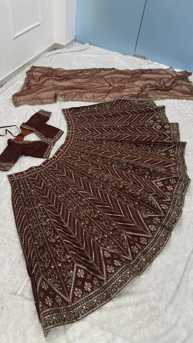 Dark Brown thread sequins dori silk blend lehenga Choli Set 
