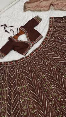 Dark Brown thread sequins dori silk blend lehenga Choli Set  3