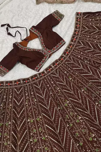 Dark Brown thread sequins dori silk blend lehenga Choli Set 