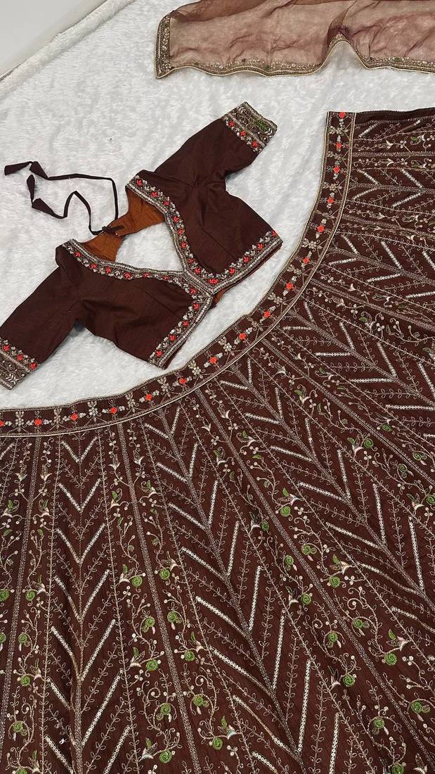 Dark Brown thread sequins dori silk blend lehenga Choli Set 