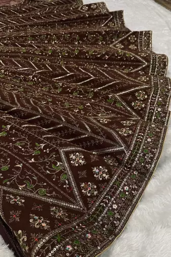 Dark Brown thread sequins dori silk blend lehenga Choli Set 