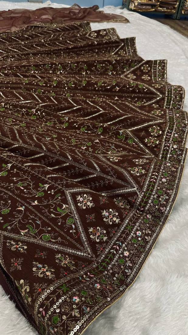 Dark Brown thread sequins dori silk blend lehenga Choli Set 