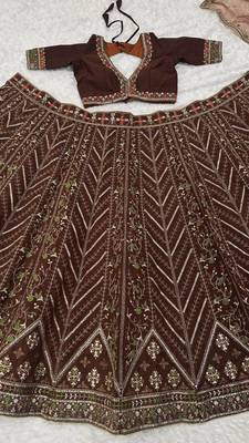 Dark Brown thread sequins dori silk blend lehenga Choli Set  5