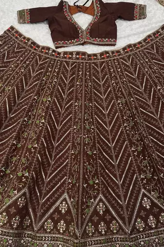 Dark Brown thread sequins dori silk blend lehenga Choli Set 