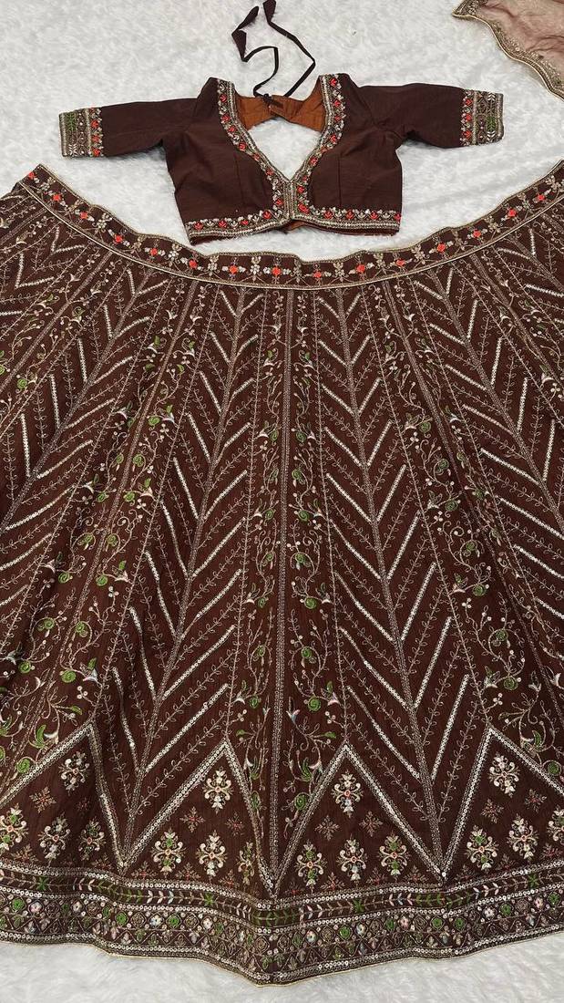 Dark Brown thread sequins dori silk blend lehenga Choli Set 