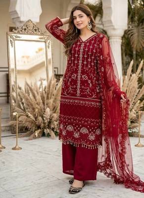 Red Color Sequins And Hand Work Cotton Salwar Suit 1