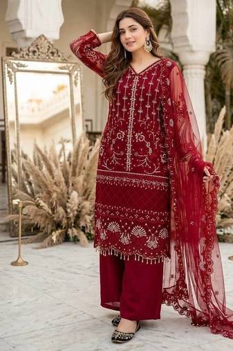 Red Color Sequins And Hand Work Cotton Salwar Suit