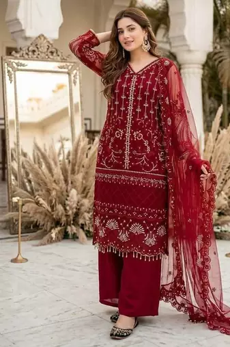 Red Color Sequins And Hand Work Cotton Salwar Suit