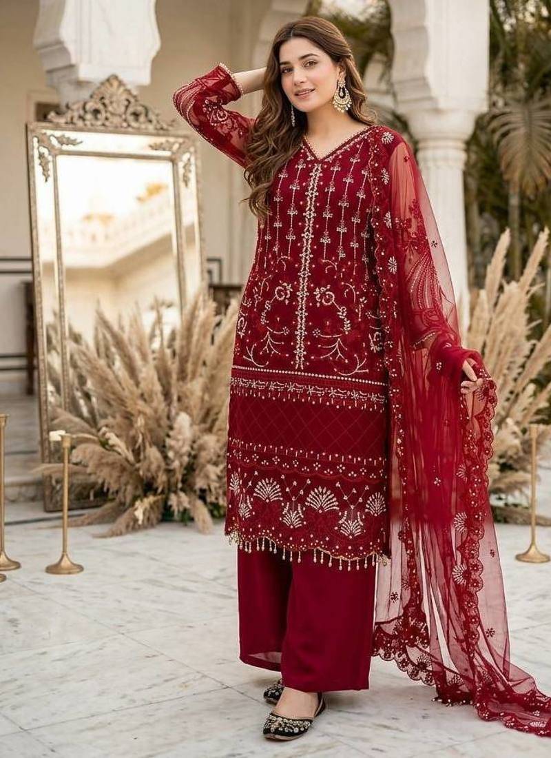 Red Color Sequins And Hand Work Cotton Salwar Suit