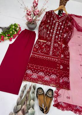 Red Color Sequins And Hand Work Cotton Salwar Suit 2