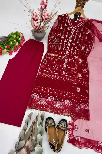 Red Color Sequins And Hand Work Cotton Salwar Suit