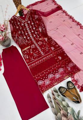 Red Color Sequins And Hand Work Cotton Salwar Suit 3