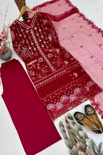 Red Color Sequins And Hand Work Cotton Salwar Suit