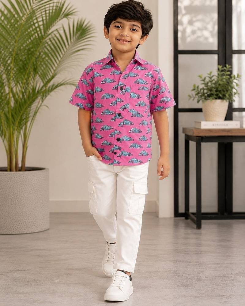 Boys pink cotton car print shirt