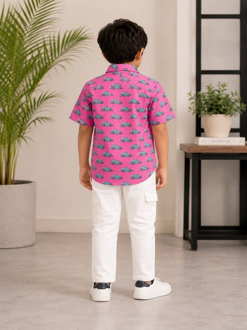Boys pink cotton car print shirt