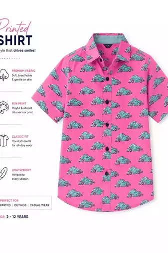 Boys pink cotton car print shirt