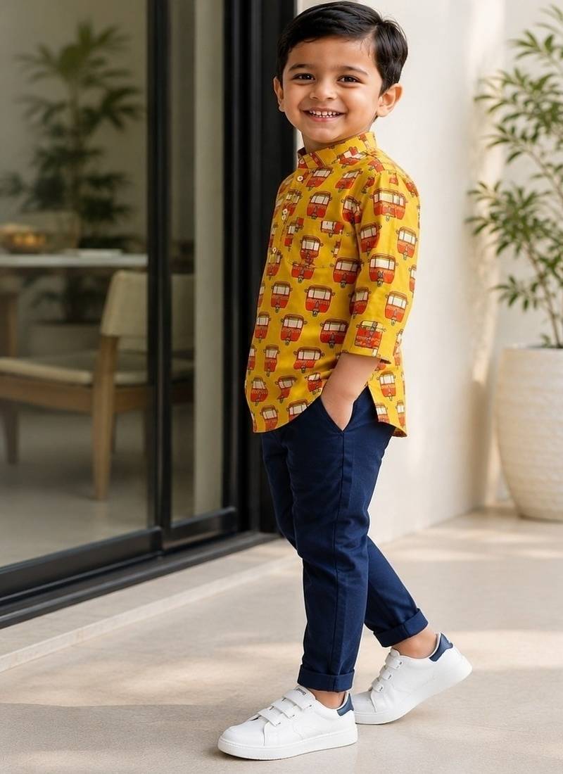 Boys mustard auto kurta shirt