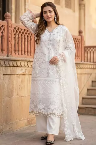 White Color Sequins And Hand Work Cotton Salwar Suit