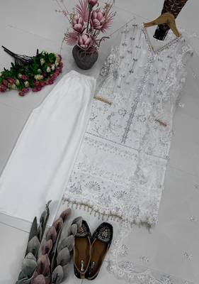 White Color Sequins And Hand Work Cotton Salwar Suit 3