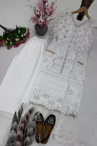 White Color Sequins And Hand Work Cotton Salwar Suit