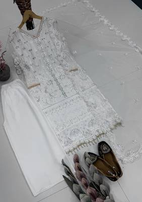 White Color Sequins And Hand Work Cotton Salwar Suit 4