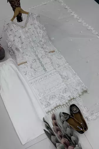 White Color Sequins And Hand Work Cotton Salwar Suit