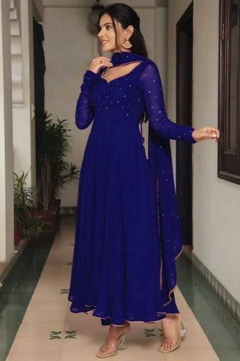 Blue stone work full flared anarkali with dupatta