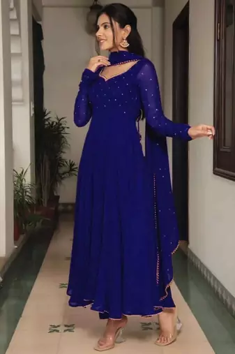 Blue stone work full flared anarkali with dupatta