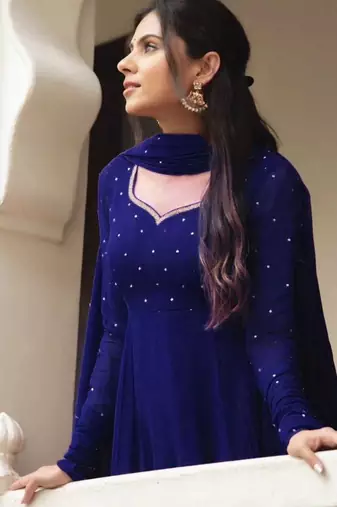 Blue stone work full flared anarkali with dupatta