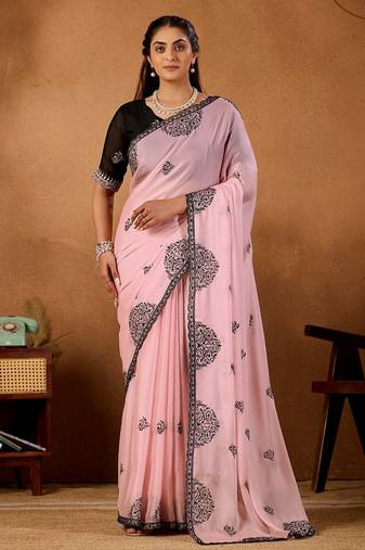 Light pink rangoli madala art embroidered saree