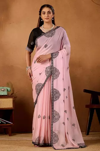 Light pink rangoli madala art embroidered saree