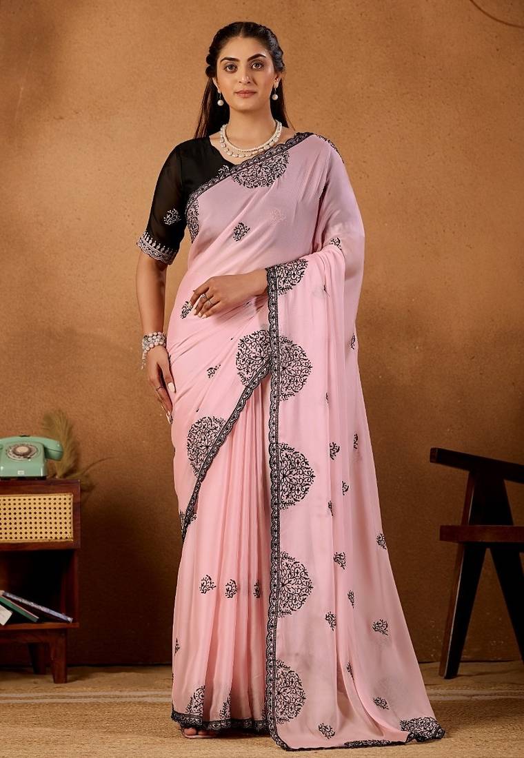 Light pink rangoli madala art embroidered saree