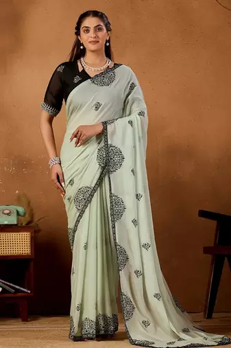 Light pista rangoli madala art embroidered saree
