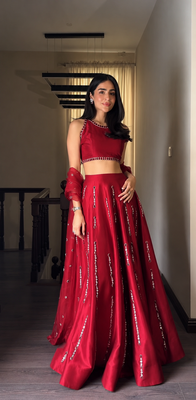 red color thread real mirror work satin silk blend lehenga Choli Set 1