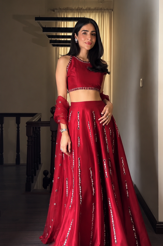red color thread real mirror work satin silk blend lehenga Choli Set