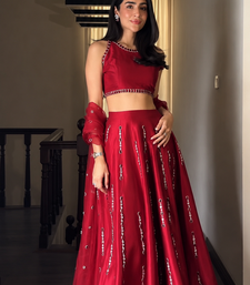 red color thread real mirror work satin silk blend lehenga Choli Set