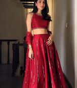 red color thread real mirror work satin silk blend lehenga Choli Set