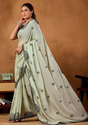 Light pista rangoli madala art embroidered saree 2