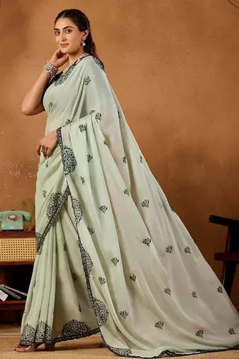 Light pista rangoli madala art embroidered saree