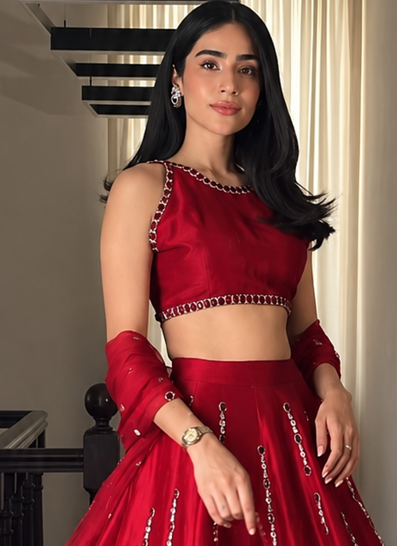 red color thread real mirror work satin silk blend lehenga Choli Set