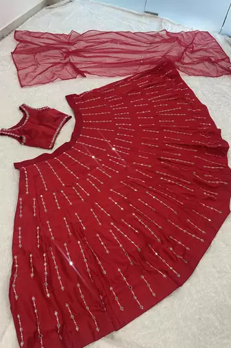 red color thread real mirror work satin silk blend lehenga Choli Set