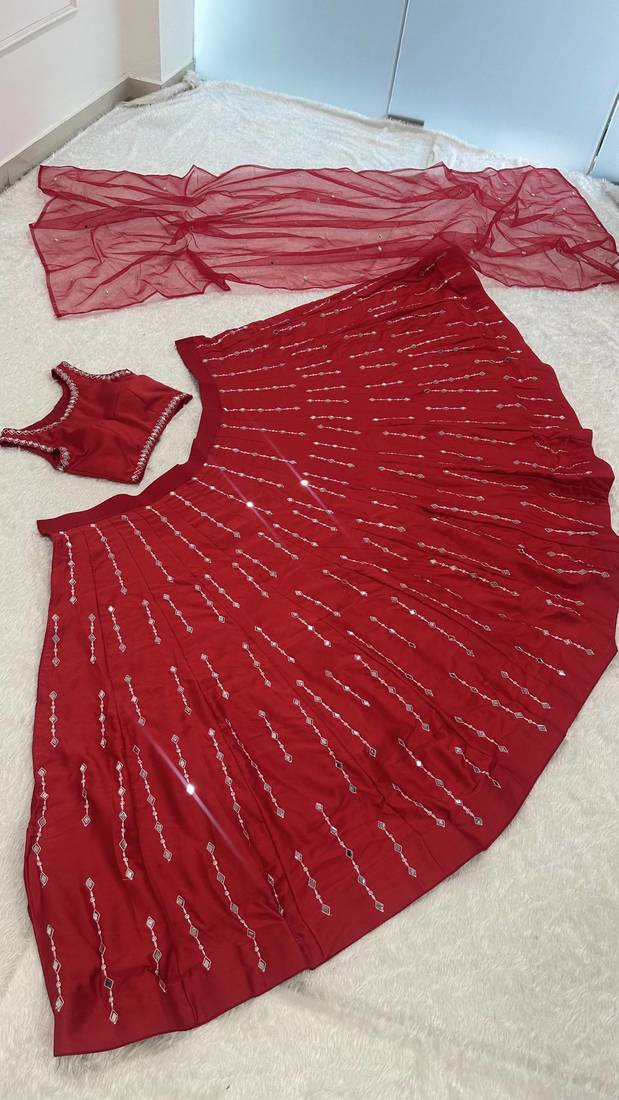 red color thread real mirror work satin silk blend lehenga Choli Set